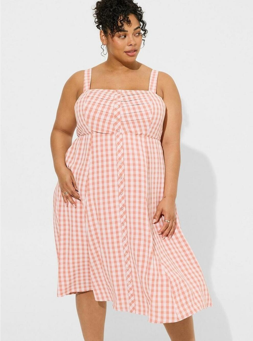 Torrid Gingham Seersucker Midi Sun Dress Peachy Pink Button Front Size 1